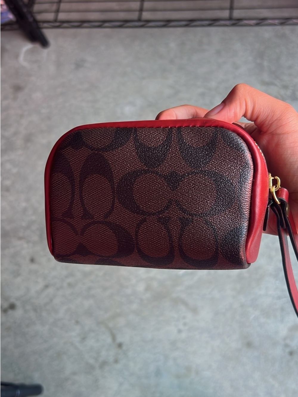 Coach Small Signature Wristlet Pouch in Brown and Red Trim